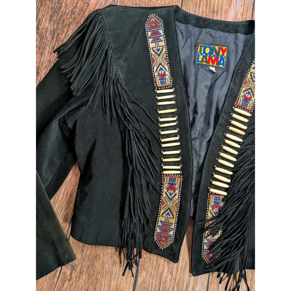TONY LAMA Women's 14 Southwest Fringed Beaded Black Suede Leather Bolero Jacket - Picture 4 of 16